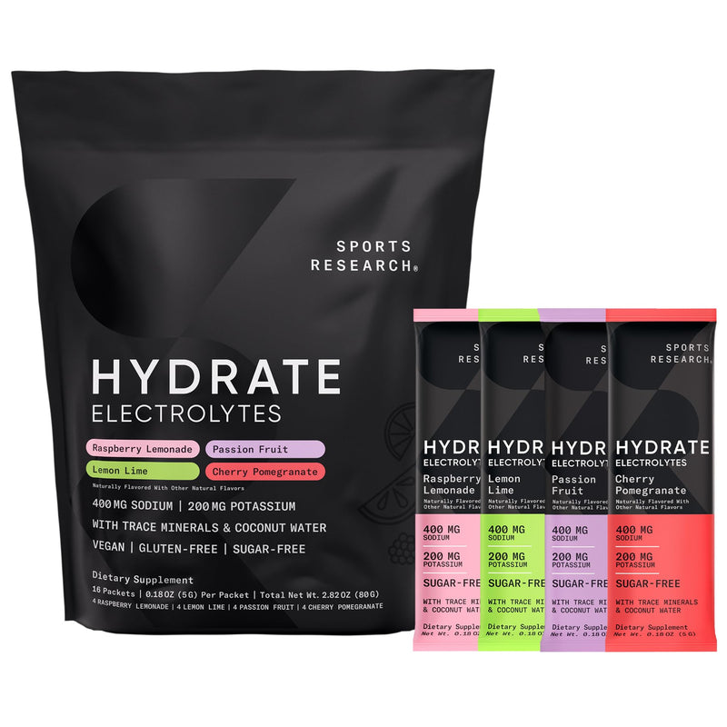 Sports Research Hydrate Electrolytes Combo Pack - Sugar-Free & Naturally Flavored with Vitamins, Minerals, and Coconut Water - Supports Hydration - 32 Packets - Lemon Lime Dominant Flavor