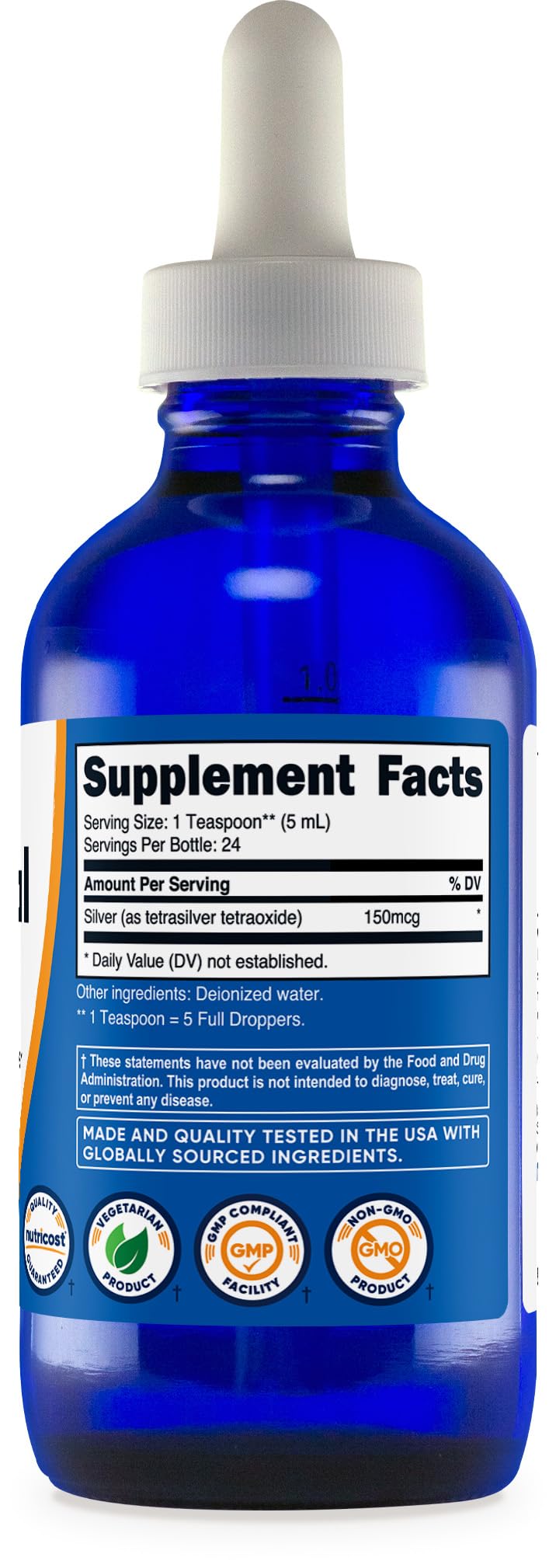 Nutricost Colloidal Silver 4oz 30PPM - Cobalt Blue Glass Bottles, Bio-Active Colloidal Silver Unflavored 4 Fl Oz (Pack of 1)