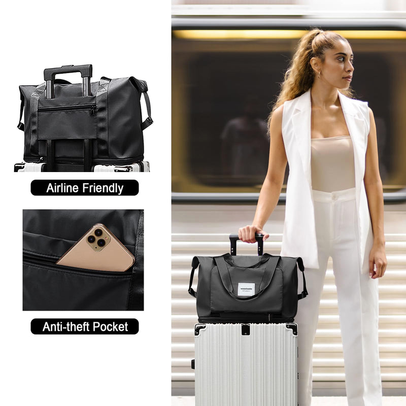 WOOMADA Foldable Travel Duffel, Weekender & Carry-On Bag with Expandable Space B-Black