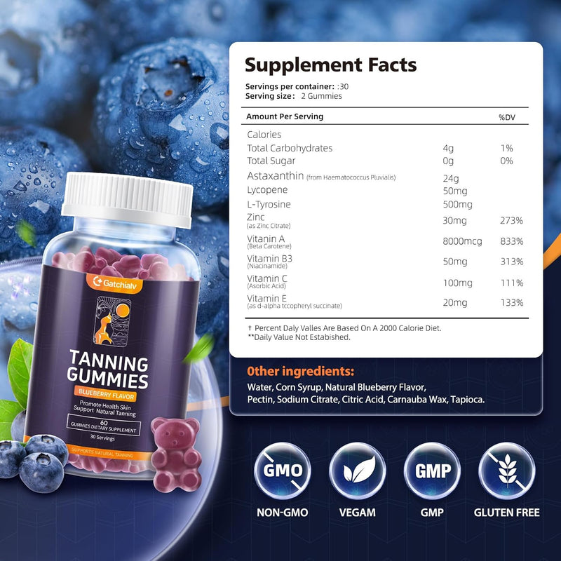 [Australia] - 2 Pack Extra Powerful Tanning Gummies,1500mg of L-Tyrosine,Daily Tanning Supplement Adults Woman & Men,with 1000mg of Beta-Carotene,50mg of Astaxanthin,8500mcg of Vitamin A for Skin Health 30 Count (Pack of 2) 