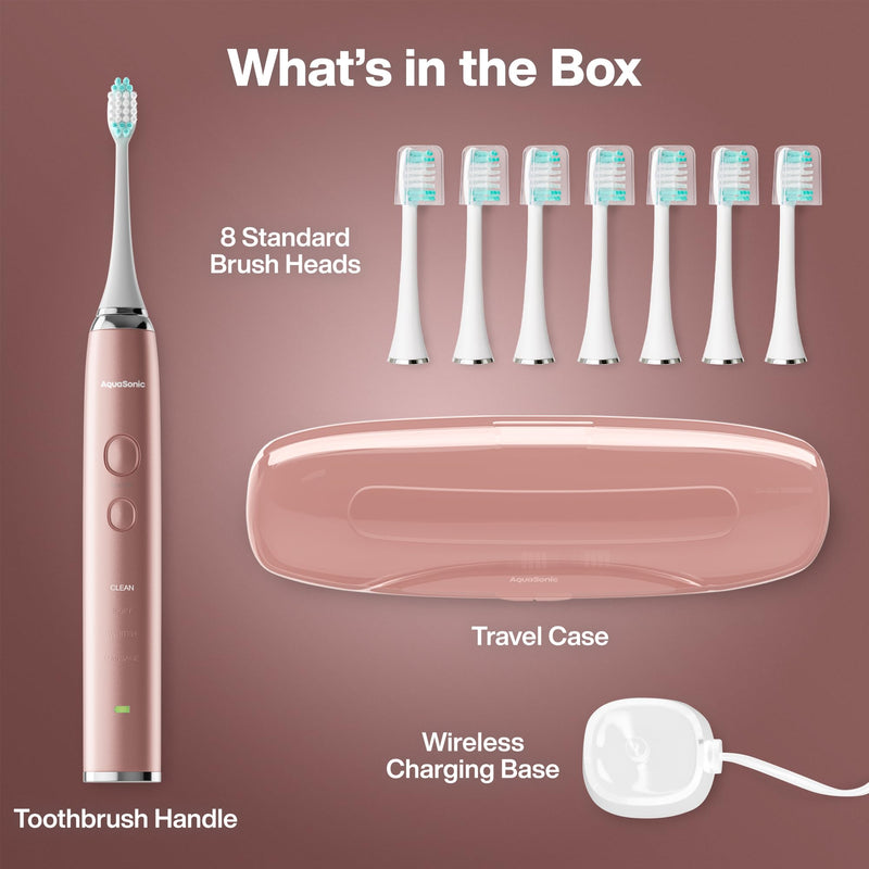 Aquasonic Vibe Series Ultra-Whitening Toothbrush – ADA Accepted Electric Toothbrush - 8 Brush Heads & Travel Case – 40,000 VPM Motor & Wireless Charging - 4 Modes w Smart Timer – Satin Rose Gold