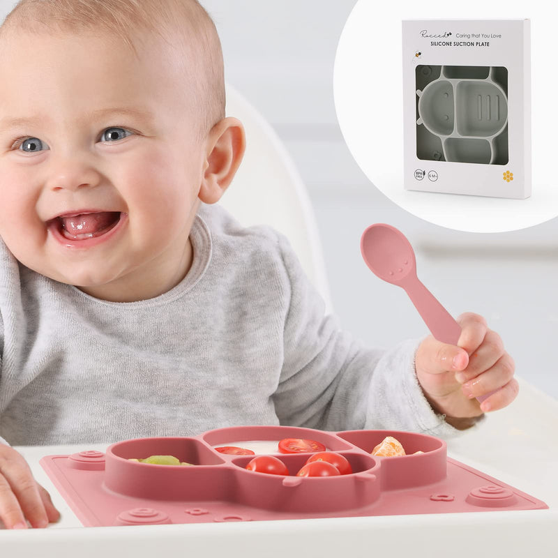 [Australia] - ROCCED Suction Plates for Baby placemat Spoon Fork Set for Toddlers, Silicone Baby Plates with Suction Baby Dishes for Kids Plates-Dusty blue Dark Blue 