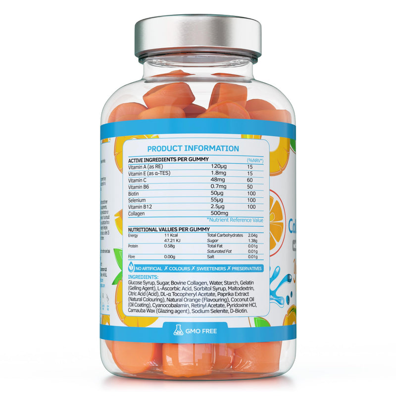 Collagen Complex - 60 Natural Orange Flavour Chewable Yummy Gummies - One a Day 500mg Bovine Collagen, Biotin, Vitamin C, Selenium, Vits B6 and B12 – Healthy Skin and Hair for Men and Women – UK Made 60 Gummies
