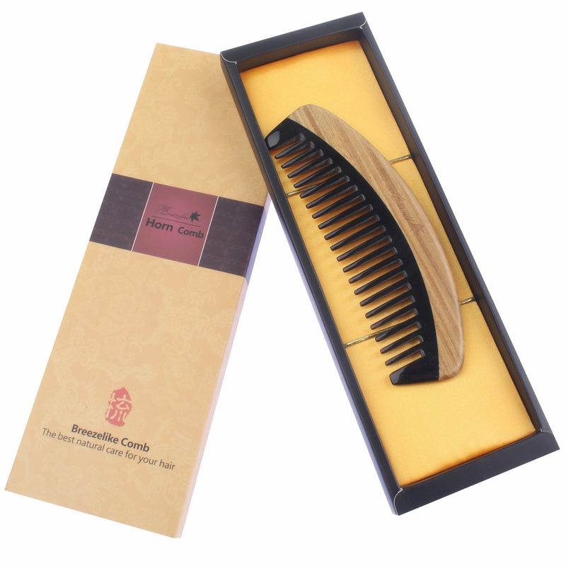 Breezelike Hair Comb - Wide Tooth Wooden Detangling Comb for Curly Hair - No Static Sandalwood Buffalo Horn Comb for Men and Women Black Buffalo Horn Wide Tooth