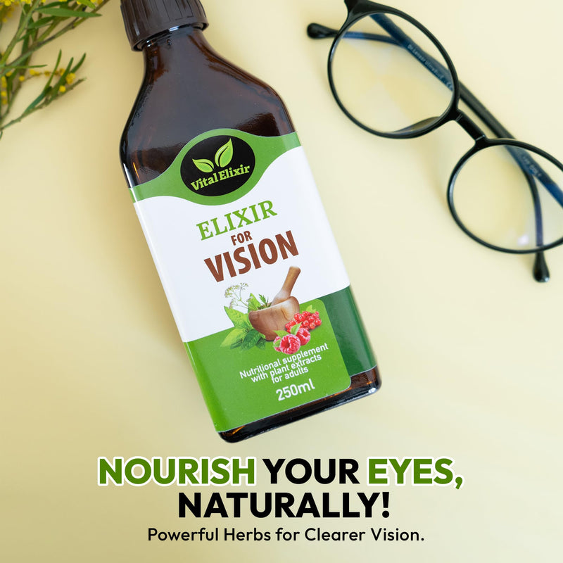 Elixir Vision, Nutritional Food Supplement with Plant Extracts for Adults – Herbal Liquid Formula with Eyebright & Marigold – 250ml – Vegan & Gluten-Free