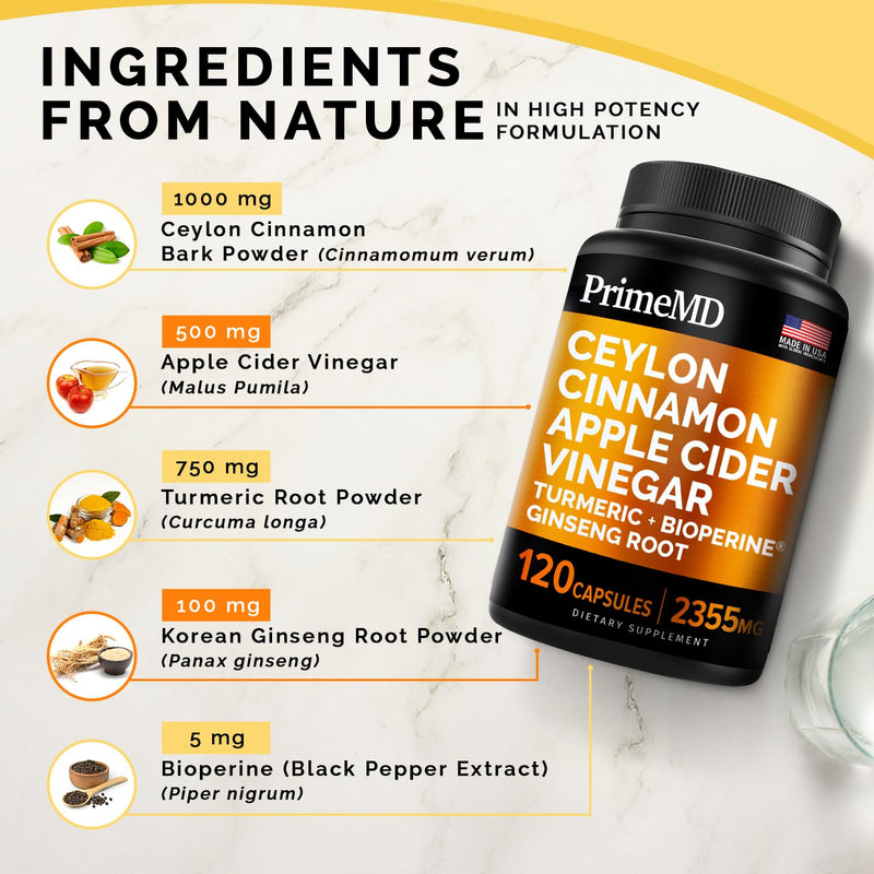 [Australia] - 5-in-1 Ceylon Cinnamon Capsules 2355mg - Ceylon Cinnamon and Apple Cider Vinegar Capsules - Turmeric and Panax Ginseng Capsules - Cinnamon Supplements with Bioperine 120 Count (Pack of 1) 