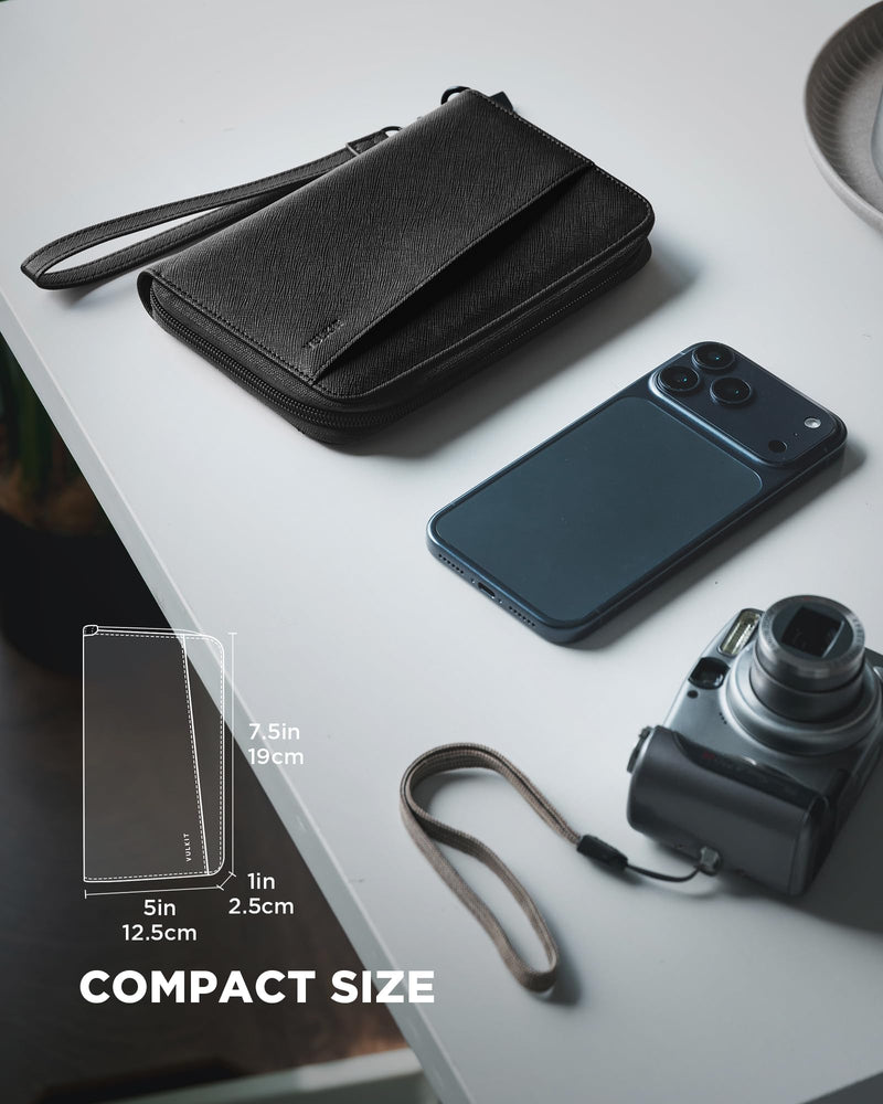 VULKIT Leather Passport Wallet RFID Blocking with Wrist Strap, Travel Document Organizer - 6 Credit Card Slots, 2 Interior + 2 Exterior Passport Slots, 2 ID Windows, Zipper Closure, Black