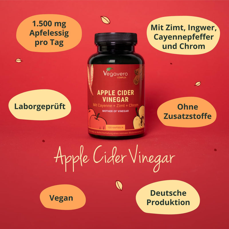 [Australia] - Apple Cider Vinegar Capsules | 1500mg | Vinegar complex + cayenne pepper + ginger | Blood sugar* & metabolism | Apple Cider Vinegar | Laboratory tested & vegan | Vegavero® 