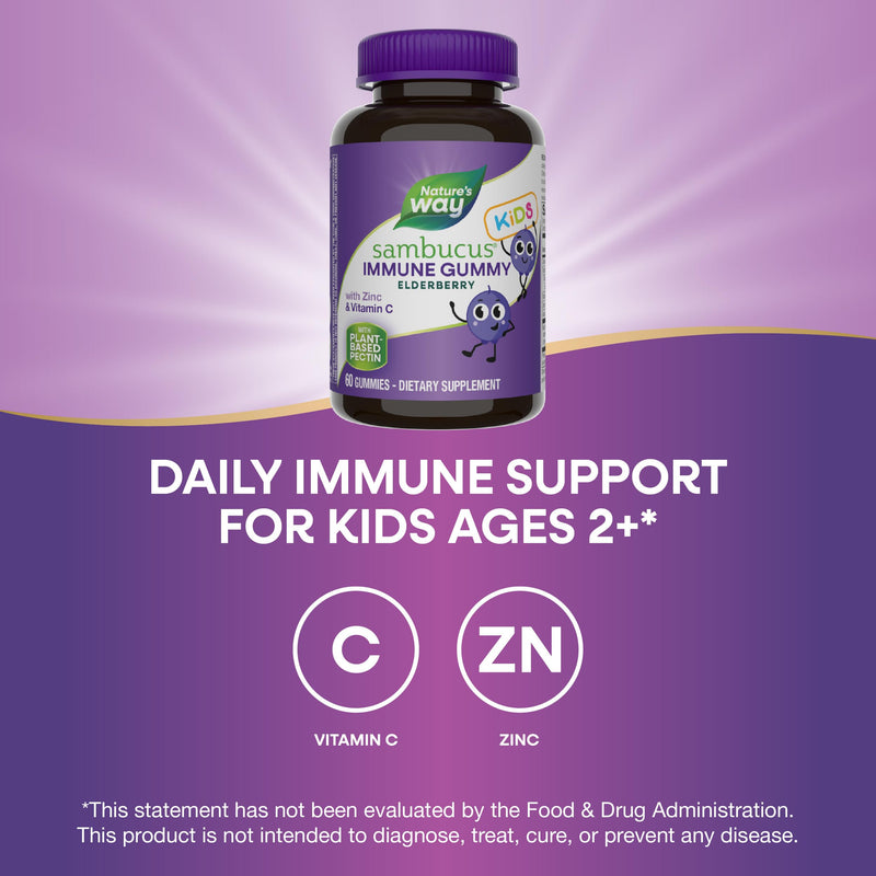 [Australia] - Nature's Way Sambucus Elderberry Immune Gummies for Kids, Immune Support Gummies*, with Black Elderberry Extract, Vitamin C and Zinc, 60 Gummies (Packaging May Vary) 