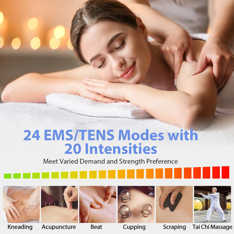[Australia] - 24 Modes Tens Unit Muscle Stimulator, Rechargeable Tens Machine with 8 Electrode Pads (American Gel), Electric Pulse Massager for Pain Relief Therapy（Blue） B-blue 