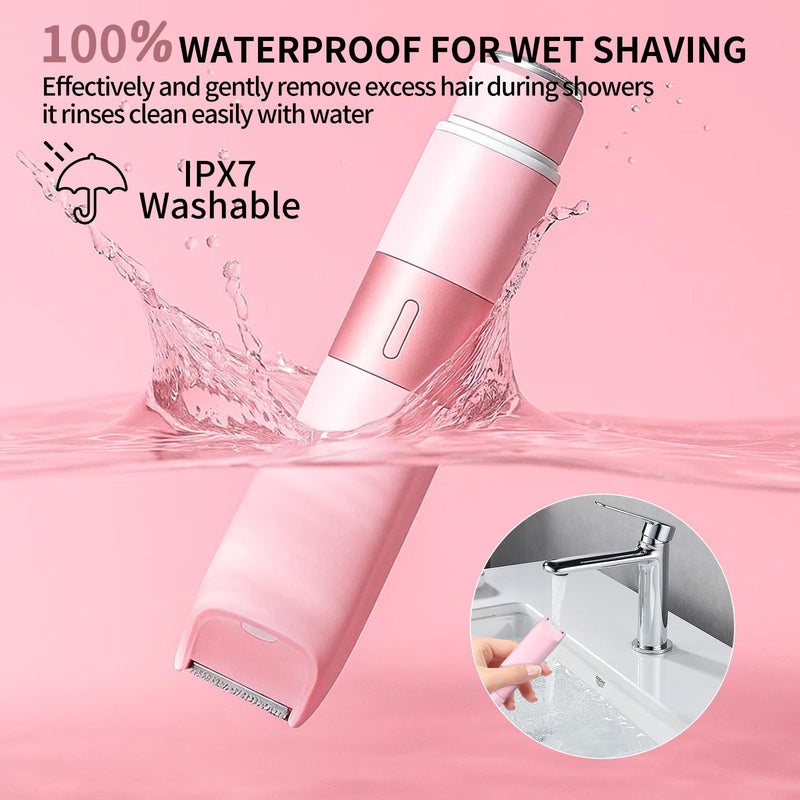 [Australia] - Bikini Trimmer for Women - 2 in 1 Painless Electric Razors for Women, IPX7 Waterproof Rechargeable LED Dual Head Electric Shaver for Lady Bikini Underarm, Body, Leg, Face Hair Remove - Pink 
