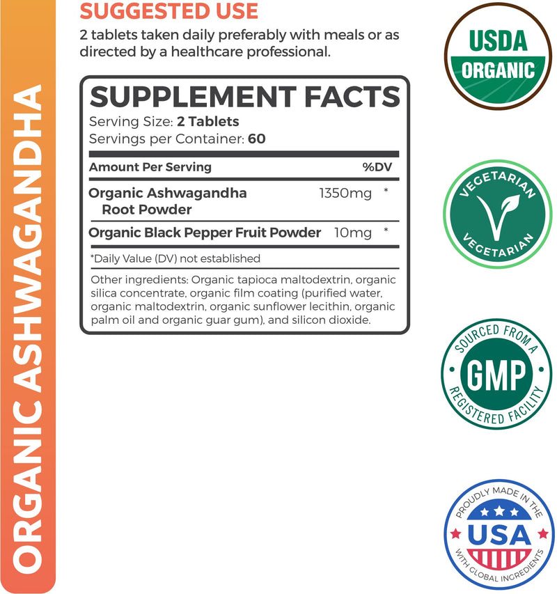 [Australia] - USDA Organic Ashwagandha (120 Vegetarian Tablets) 1350mg Ashwaganda Root Powder Per Serve with Black Pepper - Natural Adrenal Support, Cortisol & Thyroid Support, Immune Support (No Pills or Capsules) 120 Count (Pack of 1) 