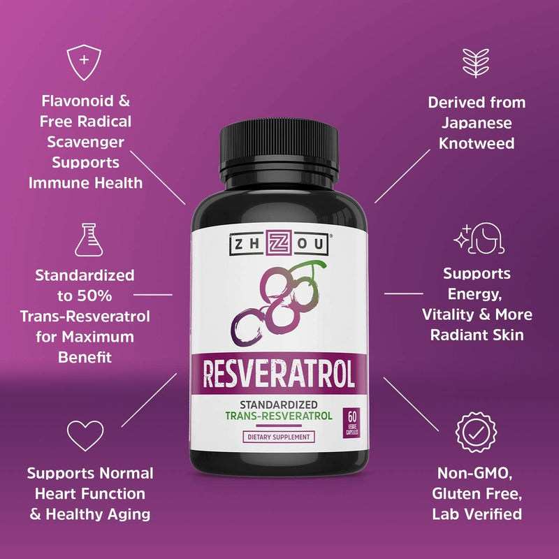[Australia] - Zhou Resveratrol Supplement | Healthy Aging, Immune System & Heart Health Support | Powerful Antioxidant Benefits | 30 Servings, 60 Veg Caps 