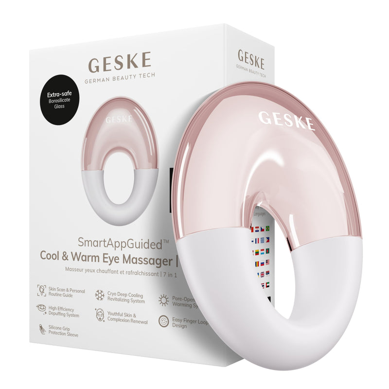 GESKE SmartAppGuided™ Cool & Warm Eye Massager | 7 in 1 | Multifunctional Massager | Eyes & Face | Battery-free Cooling & Warming | Firms, Relaxes & De-Puffs Skin | Ring-shaped Design for Easy Grip Starlight