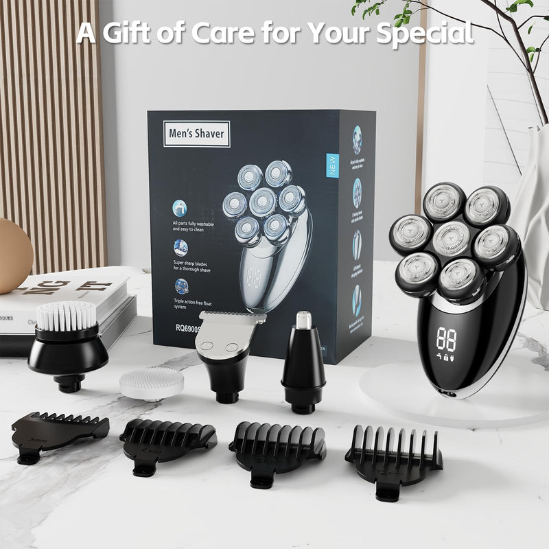 [Australia] - Head Shaver for Bald Men, 7D Electric Rechargeable Wet/Dry Shaving Razor with LED Display, 5-in-1 Grooming Kit Waterproof Bald Head Trimmer, Ideal Gift for Men (Black) Black 