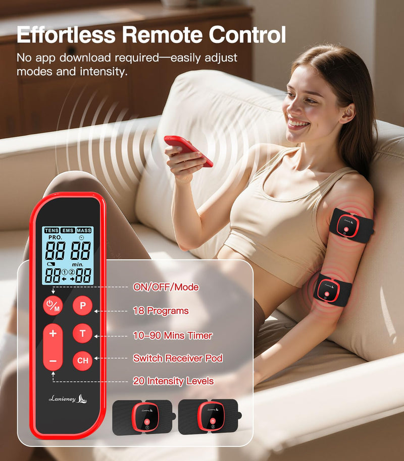 3-in-1 Portable Wireless EMS & Tens Unit Muscle Stimulator for Pain Relief | Dual Receiver Pods, 18 Modes, 20 Intensity Levels & 10-90 Mins Adjustable Timer Remote Control Pulse Physical Electrotherapy