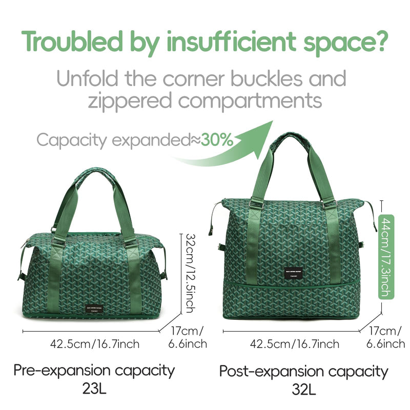 TINYAT Foldable Travel Duffle Bag Expandable Personal Item Travel Bag,32L | Expandable Gym Bag for Women Weekender Carry On Overnight Tote Large Capacity Portable Luggage Bag Olive green