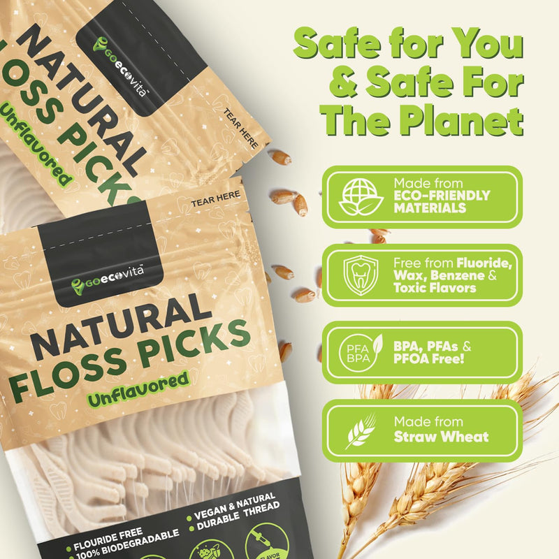 [Australia] - Biodegradable Floss Picks (Unflavored) - Natural Straw Wheat Handle | Thin & Durable Thread for Tight Gaps! | Dental Flossers for Adults | Gentle on Gums & Teeth | Eco Friendly, Vegan (100 Pack) 100 Foot (Pack of 1) 