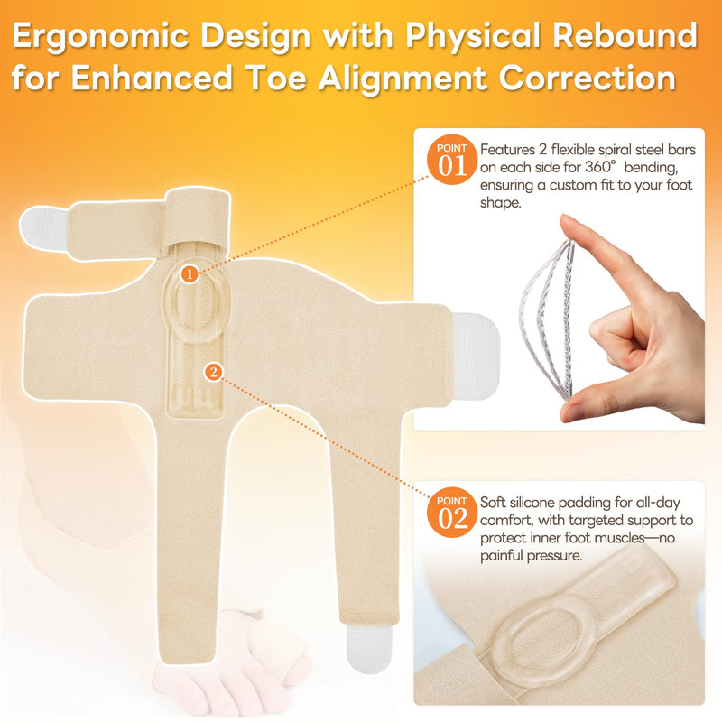 Bunion Corrector with 4 Flexible Stainless Steel Strips (2 on Each Side), Silicone Pads for Cushioning, Pain-Free Foot Condition Improvement, Wearable with Shoes,Washable