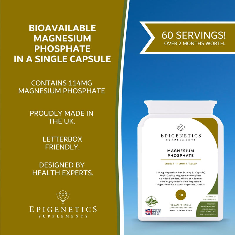 Magnesium Phosphate Supplement | Generous 2 Months Supply | 85mg Per Serving for Energy, Bones, Teeth & Muscle Function | 60 Vegan Capsules & Made in the UK.