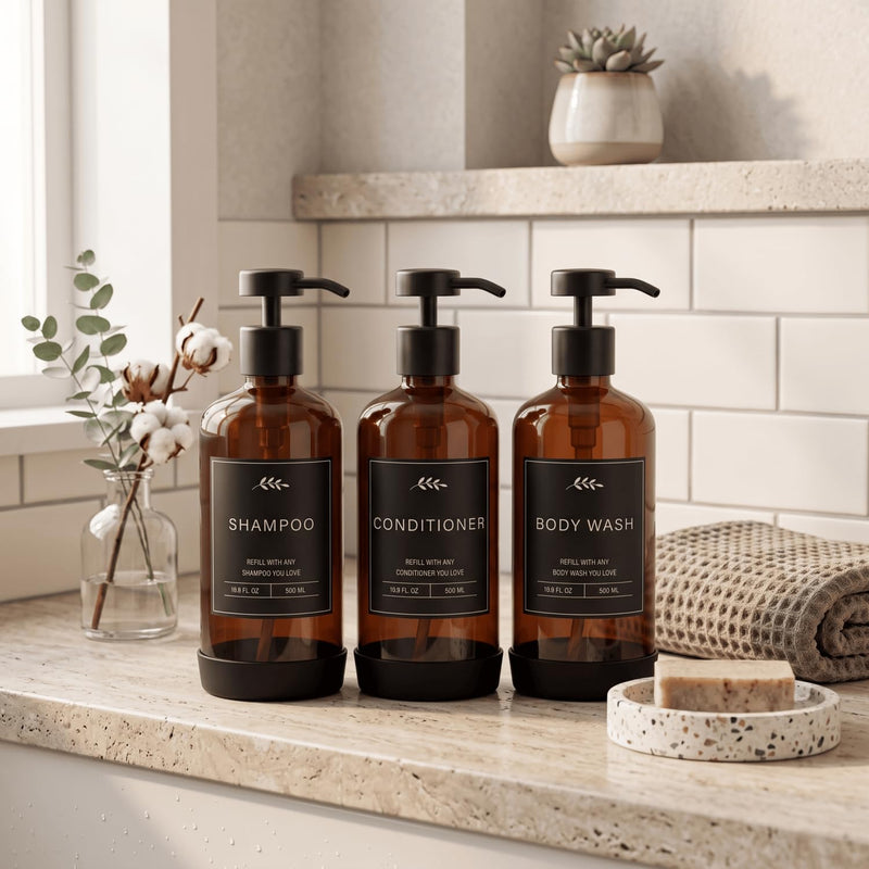 Prus Waso Shampoo and Conditioner Dispenser Set, Amber & Black | Soap Dispenser Shower, Empty Shampoo and Conditioner Bottles with Black Stainless Pumps and 32 Labels