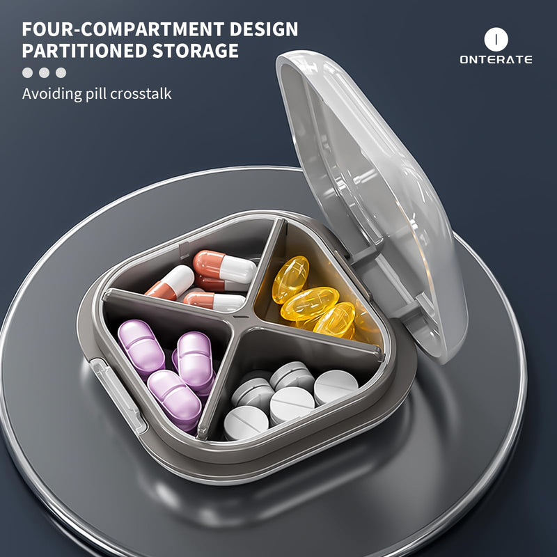 ONTERATE Small Pill Case, Travel Pill Organizer, Small Pill Box, Pill Container for Purse 4 Compartments, Daily Compact Travel Medicine Holder for Vitamins Medication (Black) Black