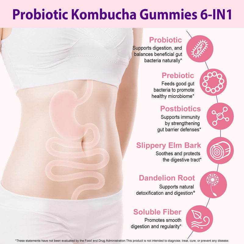 Probiotic Kombucha Gummies 60 Count with Prebiotics, Probiotics, and B Vitamins, Natural Mixed Berry Flavor, Probiotics for Women & Men