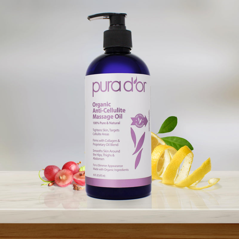 [Australia] - PURA D’OR 16 Oz Organic Anti-Cellulite Massage Oil for Toned Legs and Butt - Lemon Peel Oil, Moringa Oil, Grape Seed Oil, Grapefruit Oil & Eucalyptus Oil - Skin Firming & Tightening 