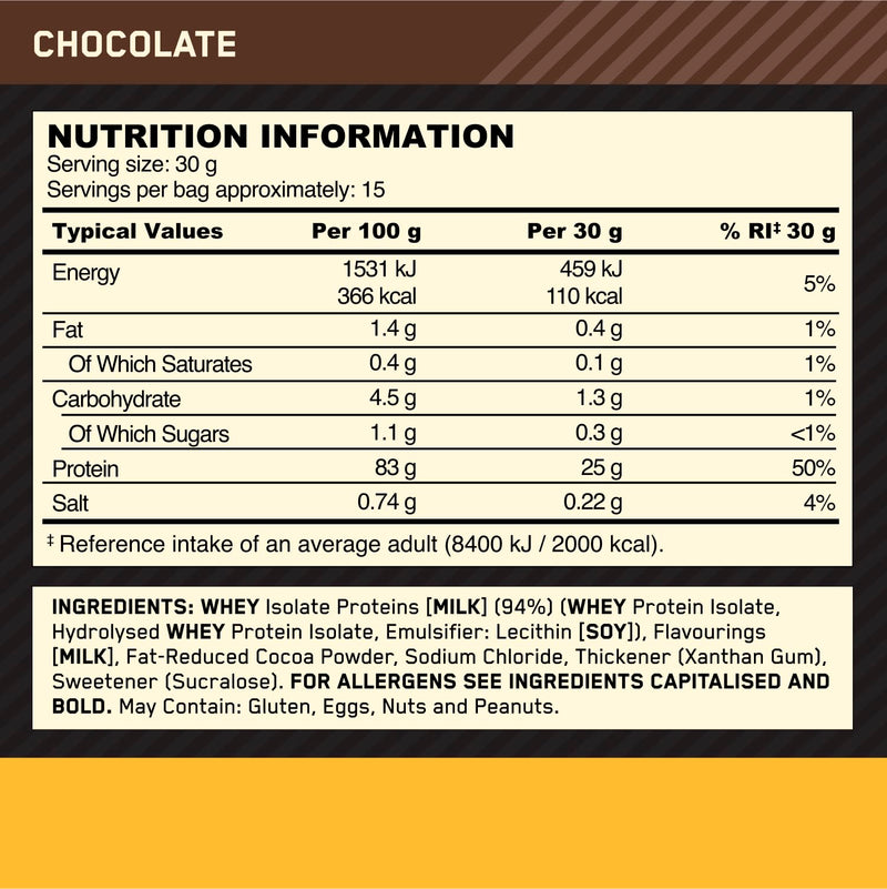 Optimum Nutrition Gold Standard 100% Isolate for Muscle Support and Repair, High Whey Protein Powder with BCAA Amino Acids, Low Sugar, Low Fat Sports Nutrition, Chocolate Flavour, 15 Servings, 450g 15 Servings (Pack of 1)