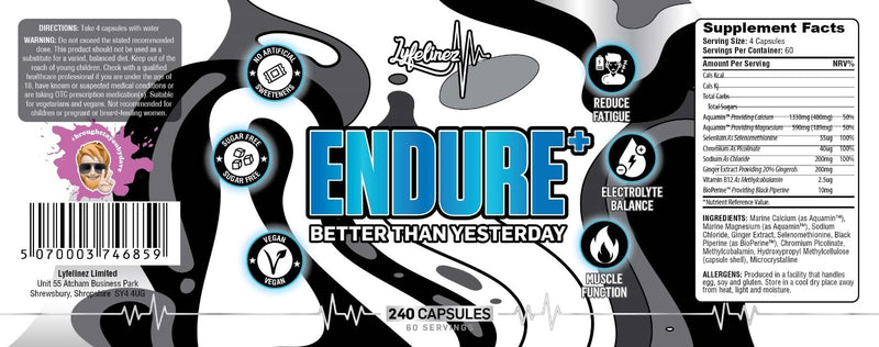 Endure+ Multi-Pathway Lactic Acid Buffer & Electrolyte Complex for Hybrid Athletes | Aquamin® Marine Minerals, Magnesium, B12 & Ginger | Muscle Function, Hydration, Fatigue Resistance | 240 Capsules