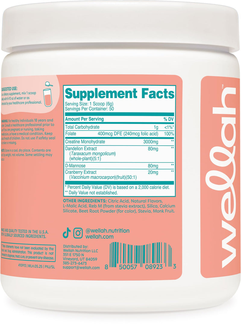 [Australia] - Wellah Creatine for Women (50 Servings, Strawberry Lemonade) - Creatine Monohydrate with Dandelion & Cranberry Extract 9.8 Ounce (Pack of 1) 
