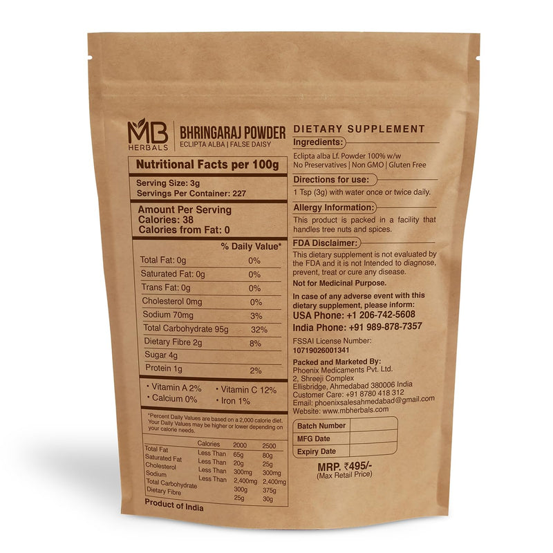 [Australia] - MB Herbals Pure Bhringraj Powder 1 Pound | 16 oz / 454 Gram | 100% Pure Bhringaraj Powder | Diet Supplement Eclipta alba Powder for Hair Care | No Preservatives | Non GMO 
