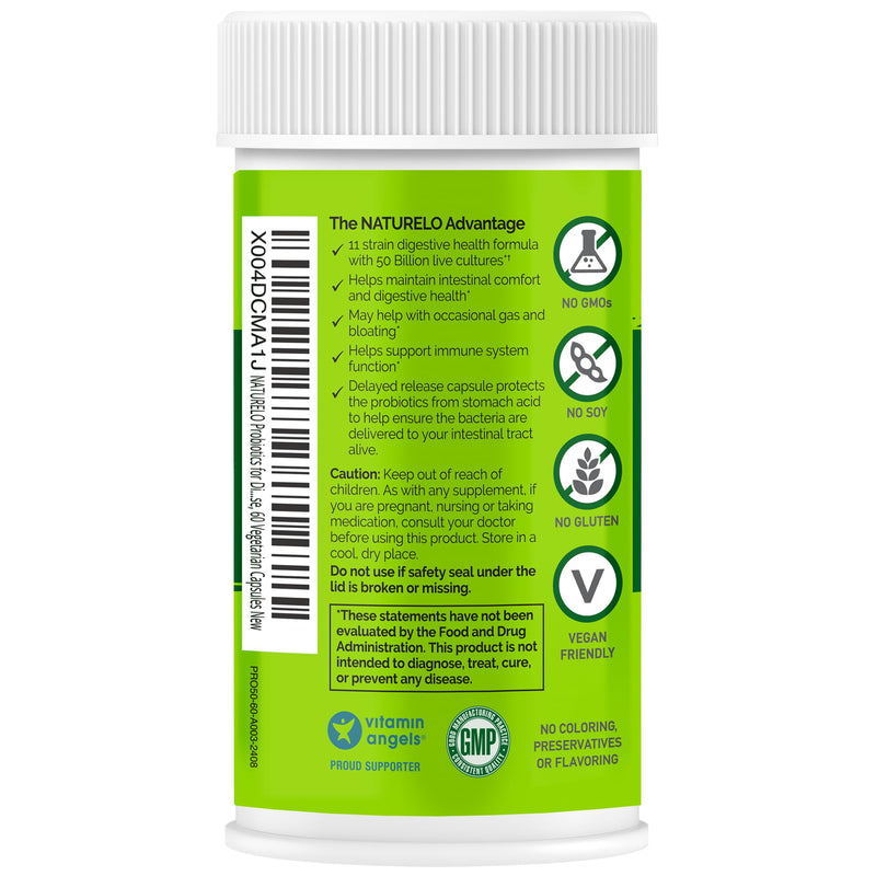 NATURELO Probiotics for Digestive Health, 50 Billion CFU 60 Capsules 2 Pack | 11 Strains, Daily Use Supplement, Delayed Release, No-Fridge, Boosts Immune System, Probiotics for Women & Men Unflavored 60 Count (Pack of 2)