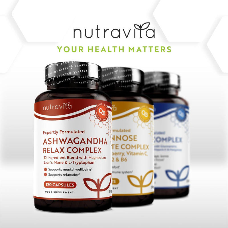 Nutravita Ashwagandha KSM-66 7200mg Before Extraction, Relax Complex with Magnesium, Lion's Mane L-Tryptopha, Supports Relaxation, Mental Wellbeing & Reduction in Fatigue - 120 Capsules
