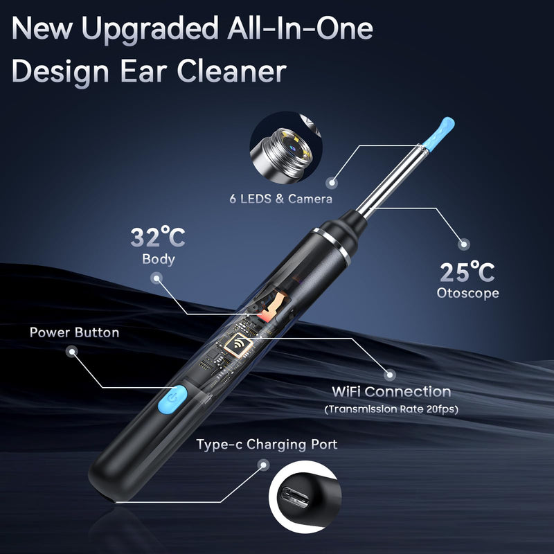 [Australia] - Ear Wax Removal Tool Camera, Ear Cleaner with Camera, 1080P HD Ear Camera and 6 LED Light, Ear Wax Removal Kit with 6 Ear Pick, 6 Pcs Ear Set, Ear Camera Wax Removal for iOS & Android, Black 