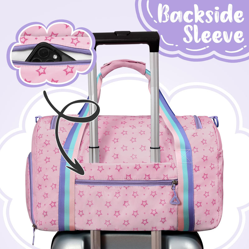 WOOMADA Travel Duffle Bag, Weekend Bag with Wet Pocket & Trolley Sleeve, Gym Dance Bag With Shoe Compartment(Star Pink) Star Pink