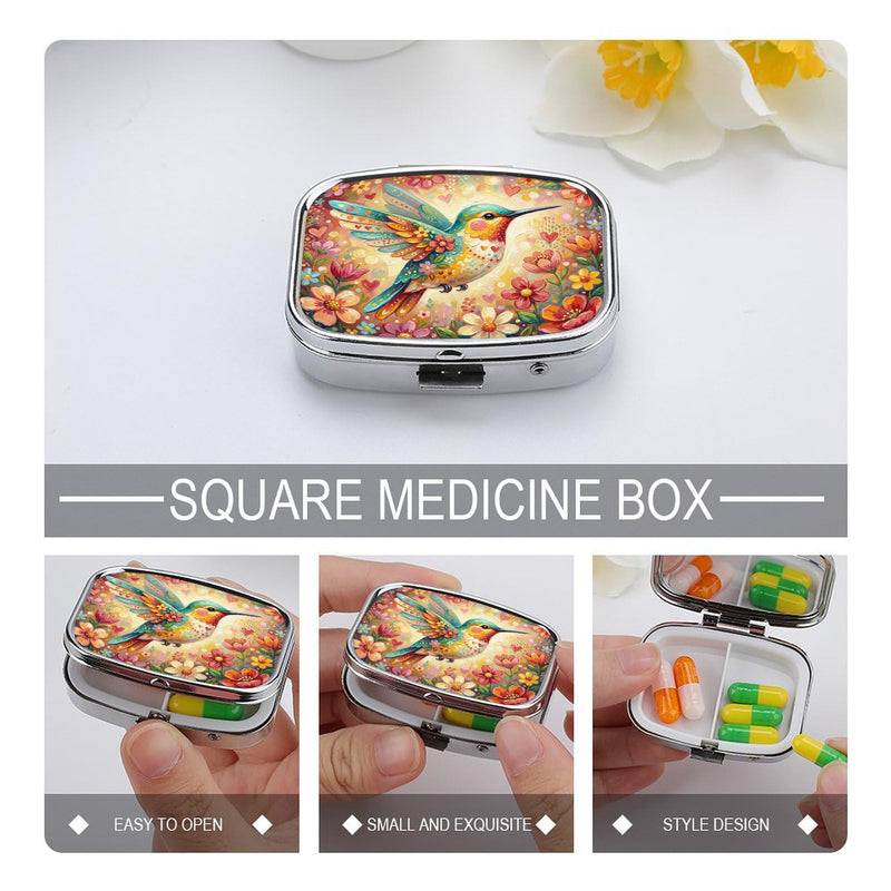 Metal 2 Compartment Pill Organizer Travel Friendly Portable Compact Pill Box Cute Pill Case,for Pocket Wallets Daily Portable Medicine Vitamin Tablet Storage (Painted Birds) Painted Birds
