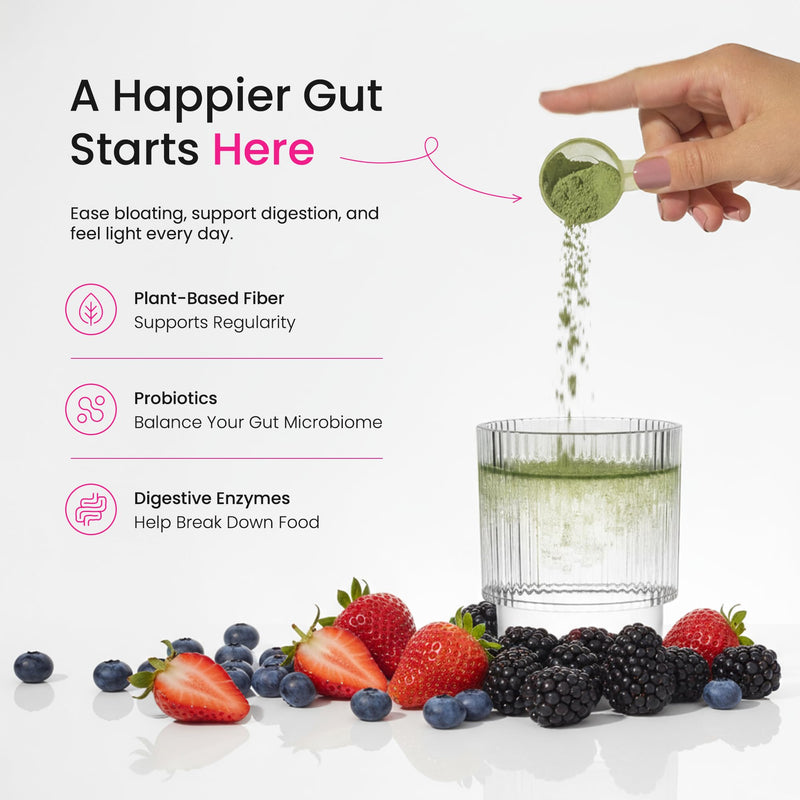 SuperGreens Powder, 40+ Organic Superfoods, Probiotics & Enzymes for Energy, Digestion, Gut Health & Bloating | Organic Fruit & Veggie Drink Mix, Daily Green Juice Smoothie Blend, Spinach, Noni Plus