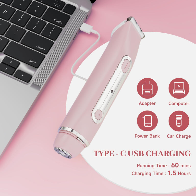 [Australia] - Bikini Trimmer for Women - 2 in 1 Women Electric Razors,Cordless Body Shaver for Trip,Replaceable Lady Facial Razor, IPX6 Waterproof&Easy Cleaning, Ceramic Blade, USB Charge 706 Pink 