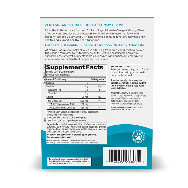 [Australia] - Nordic Naturals Zero Sugar Ultimate Omega Gummy Chews, Tropical Fruit, 54 Gummies, Supports Heart, Brain, and Immune Health, Non-GMO, Vegetarian, 27 Servings 