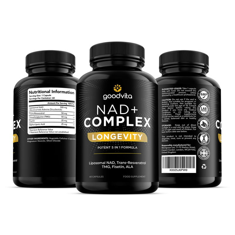 NAD+ Supplement 650mg (5 in 1 Complex) 60 Caps, 2 Month Supply | UK Made | Boost NAD Levels | Resveratrol TMG Fisetin ALA | Liposomal High Bioavailability | Anti-Aging, High Strength