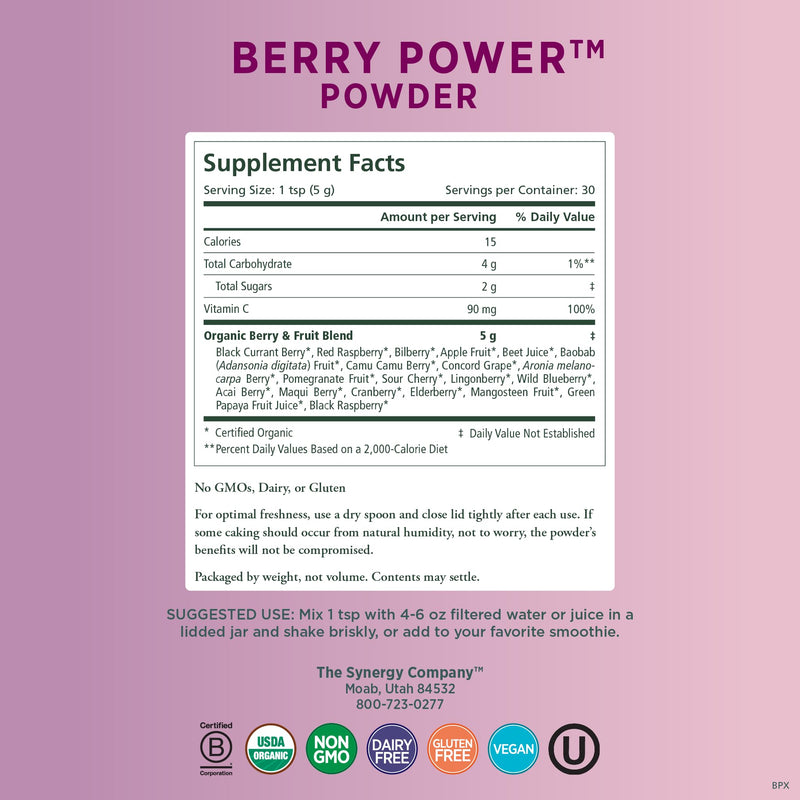 [Australia] - PURE SYNERGY Berry Power | Organic Berry and Fruit Powder | Antioxidant Supplement with Organic Acai, Camu Camu, and Wild Blueberry | for Healthy Aging, Immune, and Skin Support (5.3 oz Powder) 5.3 Ounce (Pack of 1) 