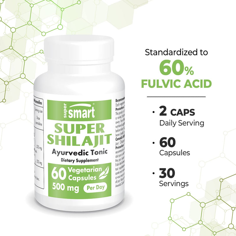 [Australia] - Supersmart - Super Shilajit 500 mg Per Day - 100% Natural Ayurvedic Tonic | Non-GMO & Gluten Free - 60 Vegetarian Capsules 