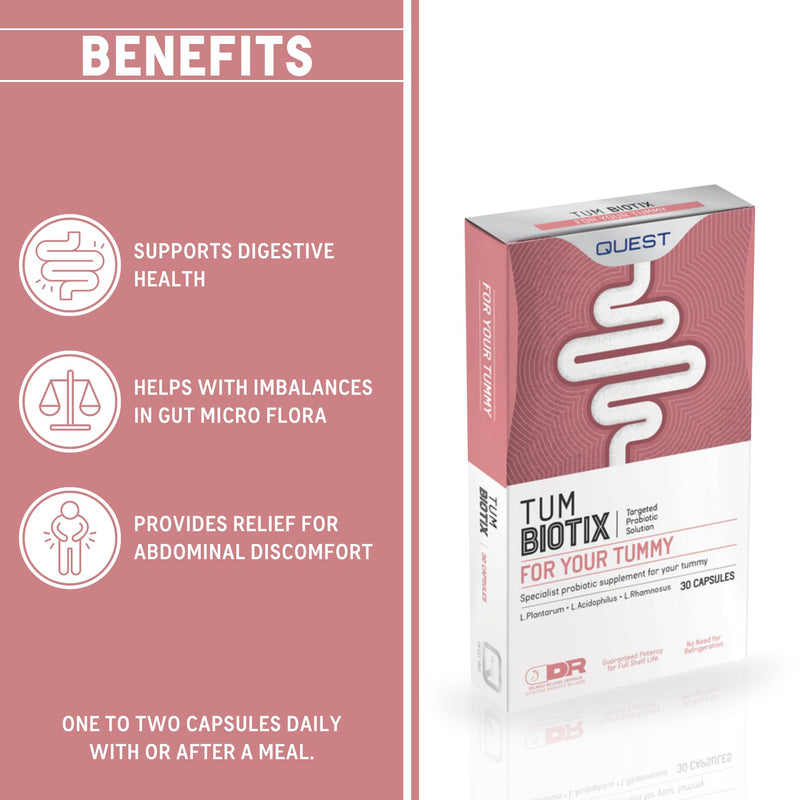 Quest Tum Biotix Gut Health Probiotics Supplements & Balance Gut Flora. 2 Billion CFU Helps Restore Gut Friendly Bacteria. Vegan Multi Strain Probiotic Digestive Supplement (30 Capsules) 30 count (Pack of 1)