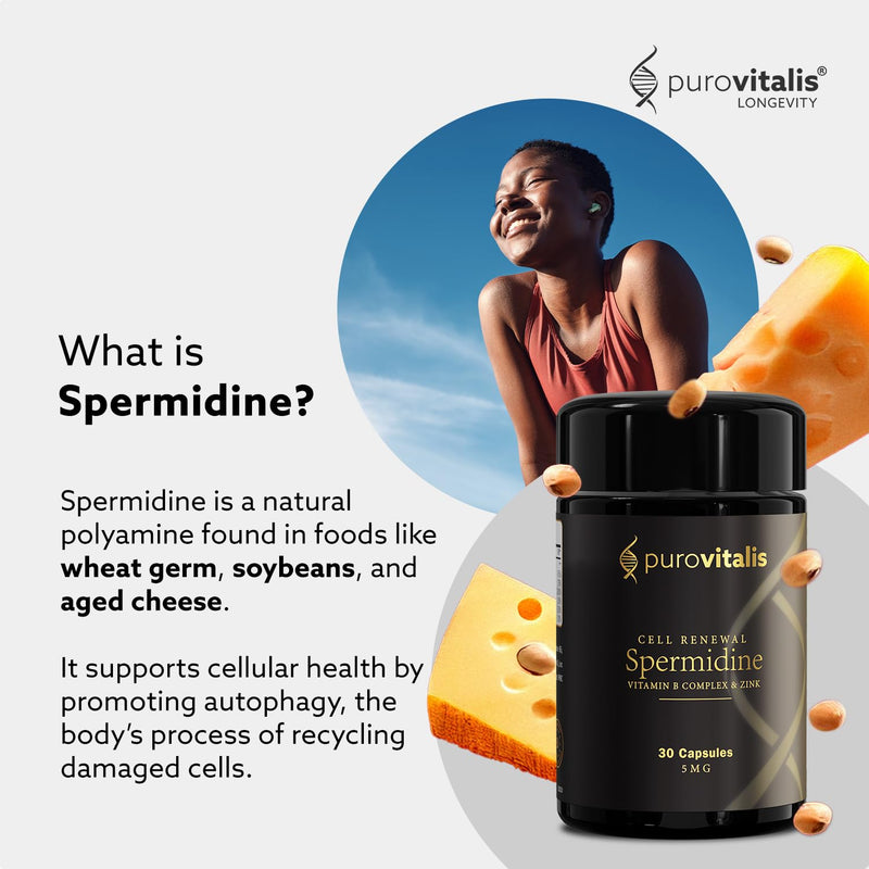 PUROVITALIS Liposomal Spermidine 5mg, Cell Renewal, 30 Servings (30 Vegan Capsules), with Zinc, Vitamin D3 & B12, Anti-ageing Supplement