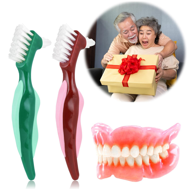[Australia] - Qianyu 2 pieces hard denture brush, portable denture toothbrush set, double-sided denture brush, denture cleaning brush for dentures, rubber handle, ergonomic for denture care 