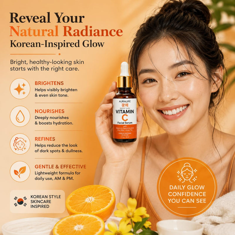 AuraLife Vitamin C Face Serum with Hyaluronic Acid, Vitamin E & Aloe Vera – Brightening & Hydrating Facial Serum for Dark Spots, Fine Lines, Wrinkles & Uneven Skin Tone – 1 Fl Oz (Facial Serum)