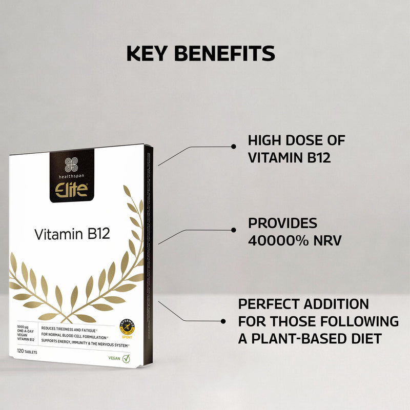 Healthspan Elite Vitamin B12 1,000µg | 120 Tablets | Official Partner of The All Blacks | Reduces Tiredness & Fatigue | Immune Health | Informed Sport Accredited | Vegan