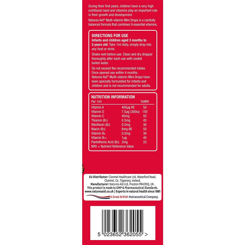 Natures Aid Orange Flavour Multi-Vitamin Drops for Infants and Children, 50ml | 9 Essential Vitamins, Support Growth & Immune Health, Age 0-5 Years Old, Sugar Free Vegan Non-GMO Gluten-Free