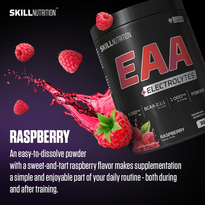 Skill Nutrition EAA + Electrolytes - Raspberry Flavour | 6.5 g EAA per Serving | BCAA 2:1:1, 1000 mg L-Glutamine, Electrolytes & AstraGin® | Powder Supplement | 450 g